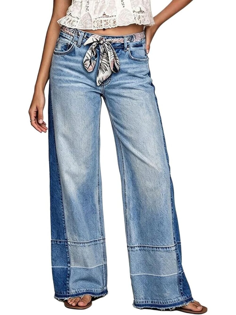 Flamingals Mid Rise Wide Leg Cut & Sew Raw Hem Loose Fit Jeans for Women